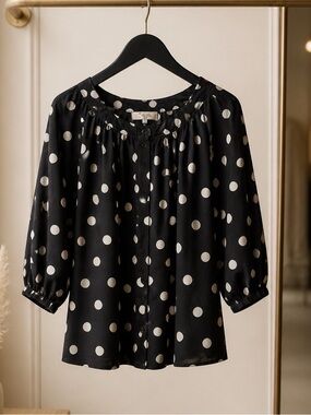 Polka Dot Peasant Blouse - Black/White